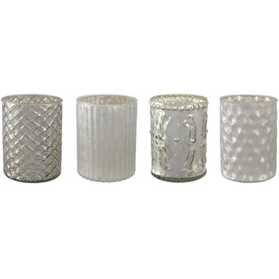 Windlicht CREATIV DECO, silber (silberfarben), H:10cm Ø:8cm, Glas, Kerzenhalter, Windlicht, mit unterschiedlich strukturierten Oberflächen, 4er Set, H: ca. 10 cm