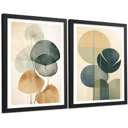 POSTER 2er Bilder-Set Wandbilder Geometrische Blumen modern Wohnzimmer Deko, Schlafzimmer, Küche, Badezimmer Schwarzer Rahmen A3