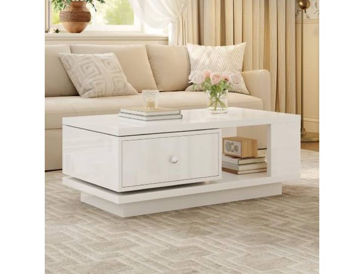 BXEYXE Couchtisch Wohnzimmertisch drehbare SchubladeHochglanz Schublade offenes Fach Metallgriff Wohnzimmer