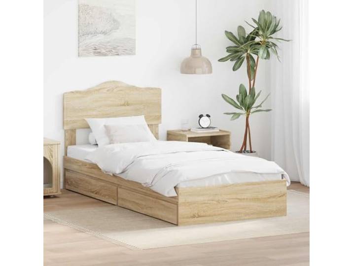 RJPLMFV Bett mit Stauraum Eiche Sonoma 100 x 200 cm Holz Technik Unterbettschubladen, modernes Design, inklusive Lattenrost, einfache Montage
