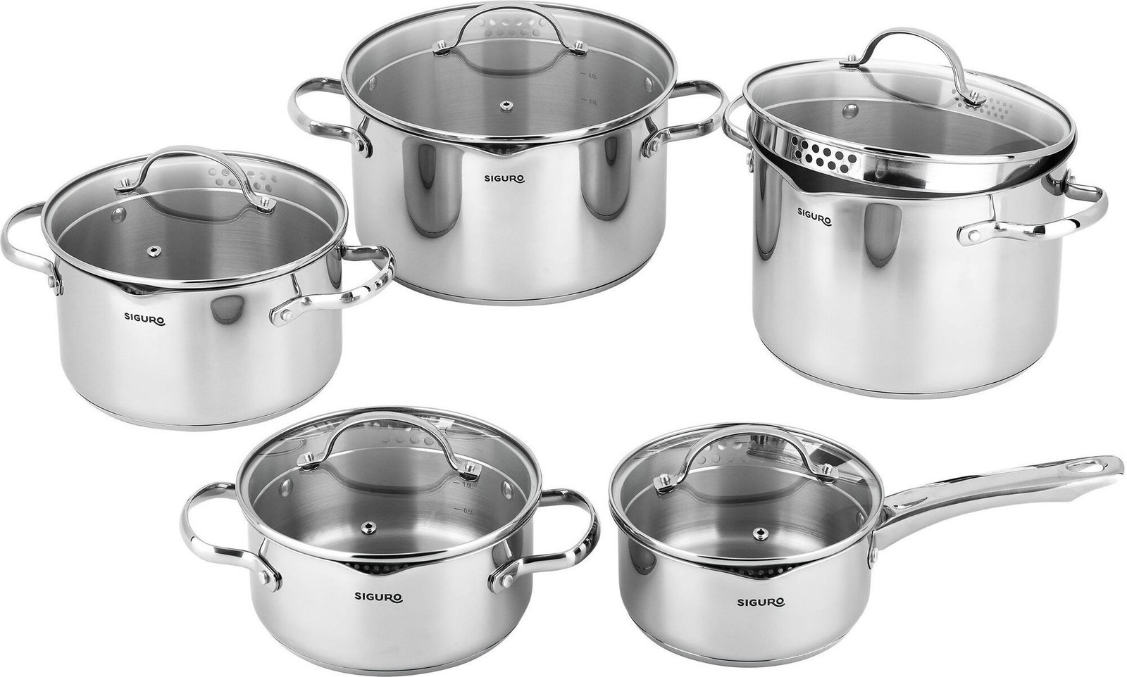 Siguro Sada van 10 Pure Delight kookpannen met slimme deksels