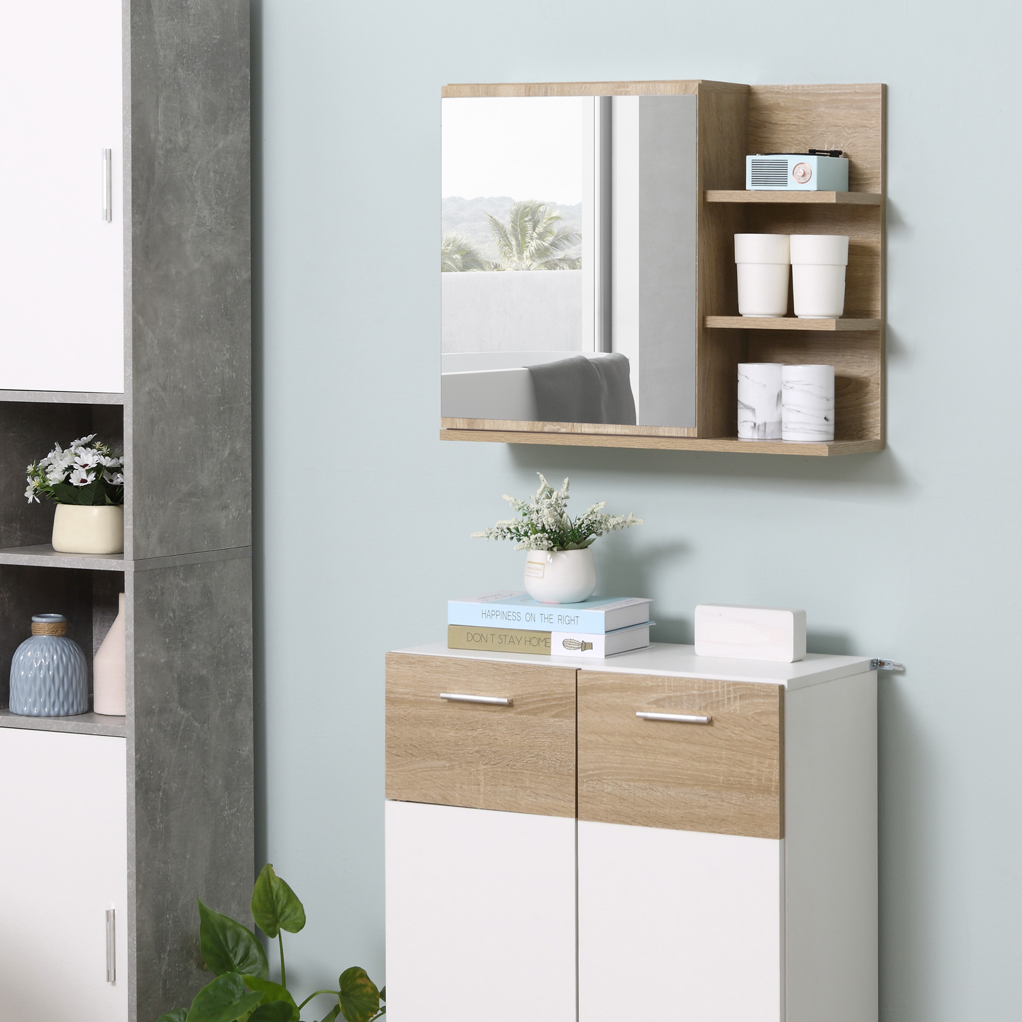 Kleankin Mobile Specchiera Bagno a Parete, Armadietto Pensile con Anta e Ripiani in Legno, 60x18x50cm, Naturale Aosom