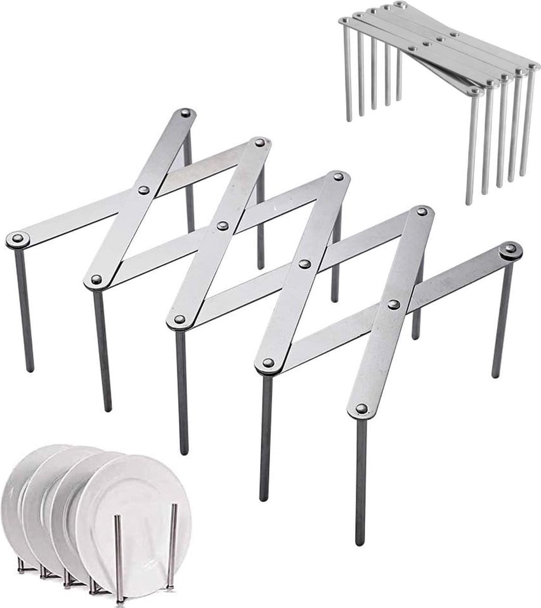 Telescopisch afwasrek met 3 niveaus in RVS, Zilver, Breedte: 60 cm, Hoogte: 120 cm