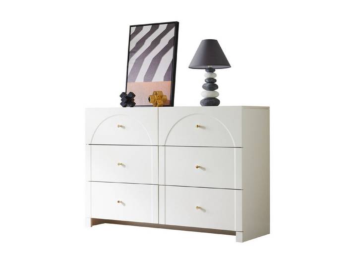 SeedWave Kommode Weiße Schubladenkommode mit 6 Schubladen und Metallenen Griffen, Bodenstehendes Design Sideboard 120 x 40 x 82 cm