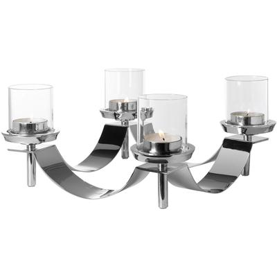 Kerzenleuchter FINK "GALLERY", silber (silberfarben), H:17,5cm Ø:38,5cm, Aluminium, Edelstahl, Glas, Kerzenhalter, Leuchter-Kranz mit Glas, 4-flammig, Adventskranz