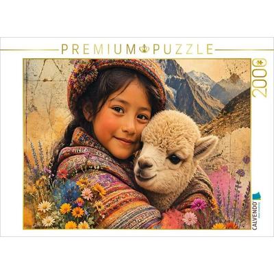 CALVENDO Puzzle Geborgen in den Anden. Andenmädchen & Alpakafohlen | 2000 Teile Lege-Größe 90x67cm Foto-Puzzle für glückliche Stunden