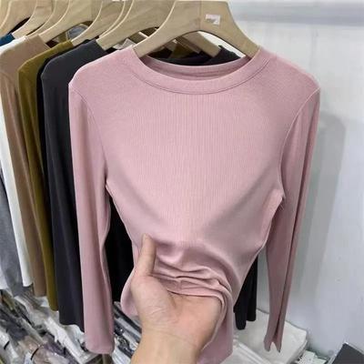 Uplifted Finds Womens Slim Fit O Neck Long Sleeve Basic T Shirt Stretchy Ribbed Knit Casual Top xl pink