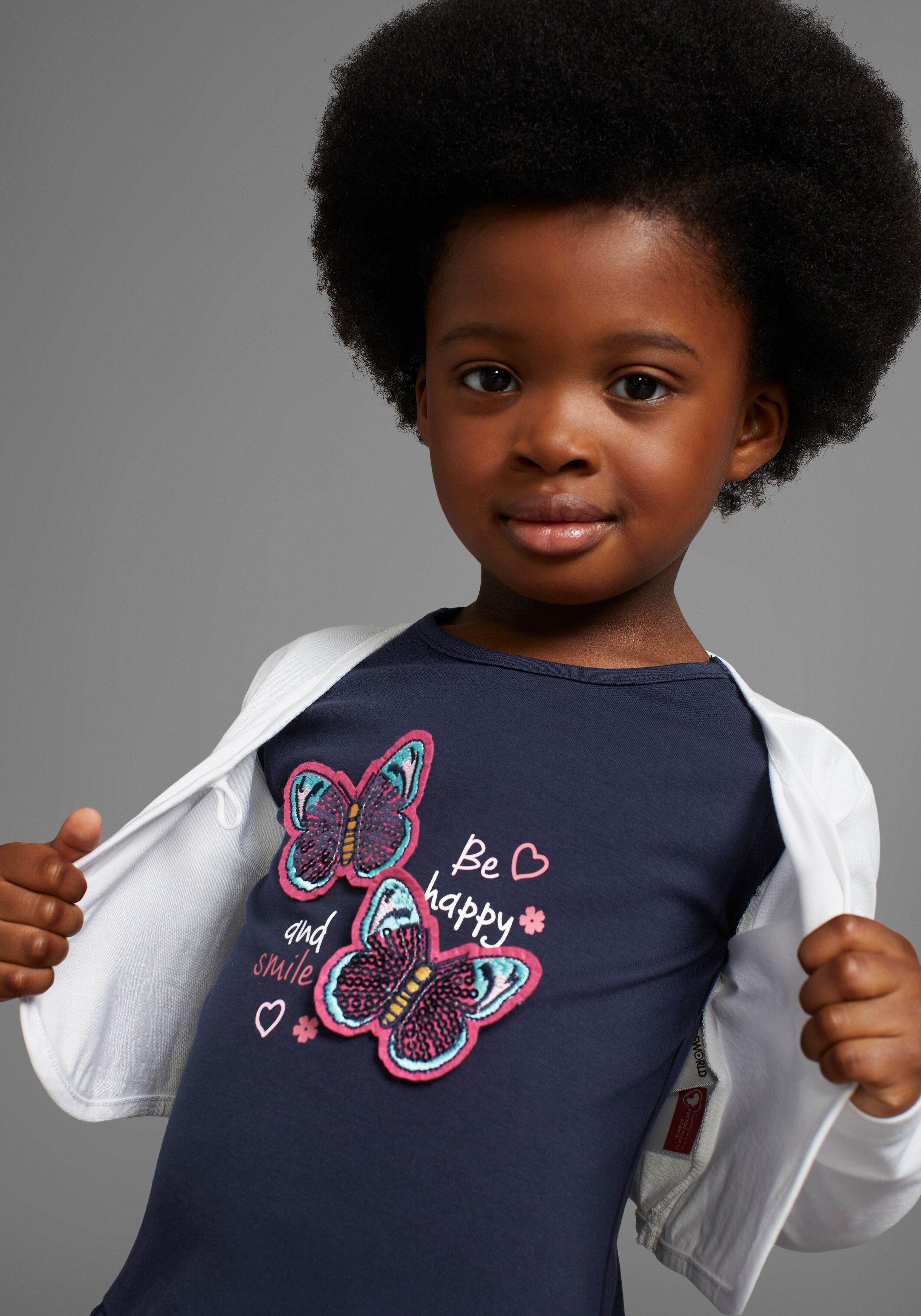 Bolero, Kleid & Leggings KIDSWORLD "2tlg. Set : Kleid mit Bolero-Jacke", Mädchen, Gr. 92/98, blau (marine, weiß), Jersey, Obermaterial: 95% Baumwolle, 5% Elasthan. Jacke: 100% Baumwolle, bedruckt, KOB Set-Artikel Bolero Kleid & Leggings, Outfit für kleine