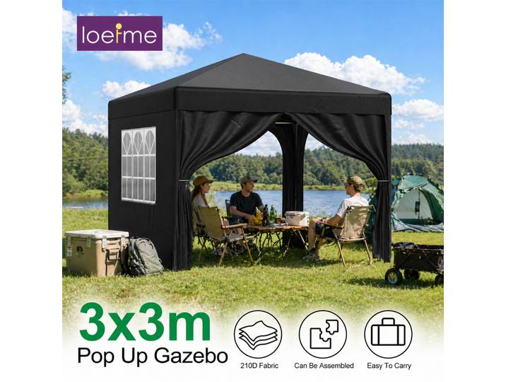 LOEFME Tonnelle Pop-Up Portable 3x3M 2x2M, Tente de Jardin Extérieure Imperméable et Coupe-Vent, Abri Solaire avec 4 Parois Latérales Amovibles, Installation Instantanée, Idéale pour le Camping, la