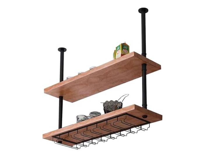 Deckenregal Hängeregal, Küchentopfregal – Deckenmontage Hängeregal für die Aufbewahrung und Organisation zu Hause, schwebende Regale mit 2 Etagen, 60cm/80cm/100cm/120cm Weinregal aus Holz, anpassbar