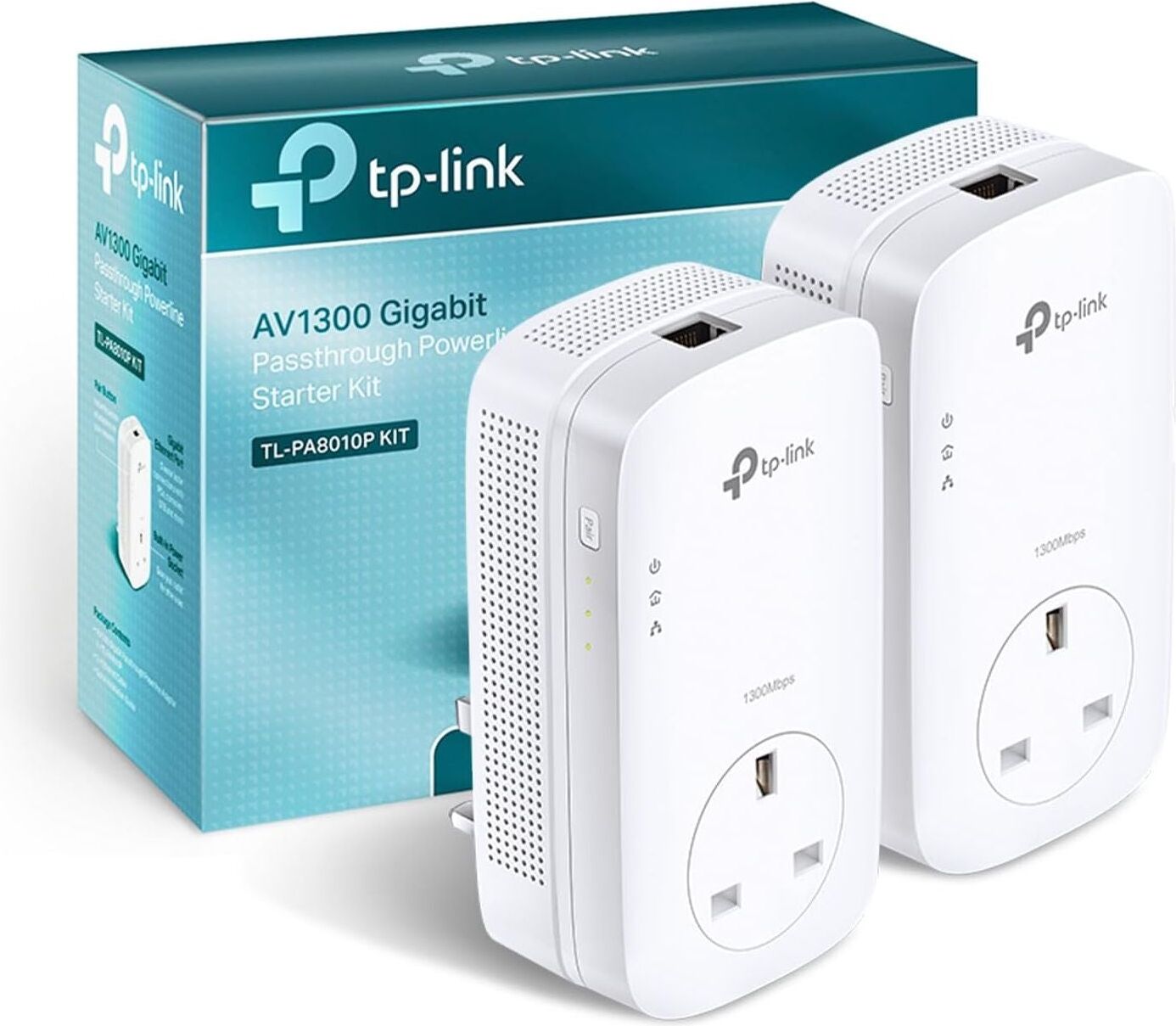TP-LINK 1-Port Gigabit Passthrough Powerline Starter Kit, Data Transfer Speed Up to 1300 Mbps, Ideal for HD Video Streaming and Online Gaming, No Configuration Required, UK Plug (TL-PA8010PKIT), New