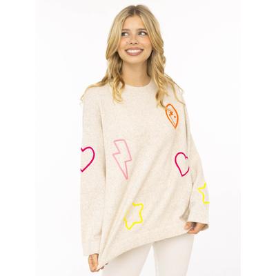 Strickpullover ZWILLINGSHERZ "Happy Patch", Damen, Gr. L/XL, hellbeige, Grobstrick, Obermaterial: 65% Polyester, 13% Polyacryl, 13% Polyamid, 9% Wolle, Pullover Strickpullover, mit bunten, kontrastreichen Motiven, Rundhals, oversize