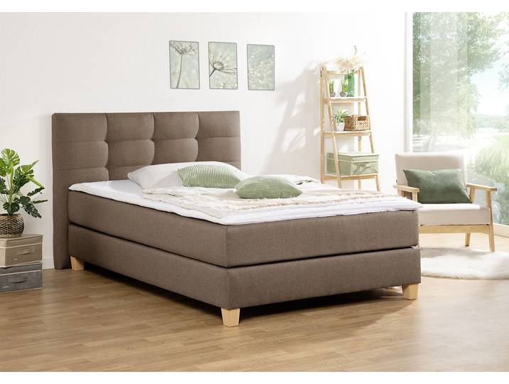 Boxspringbett, Samtstoff, Mittelbraun, 134×211 cm, Inkl. Topper, 7-Zonen-Kaltschaummatratze, Home-affaire
