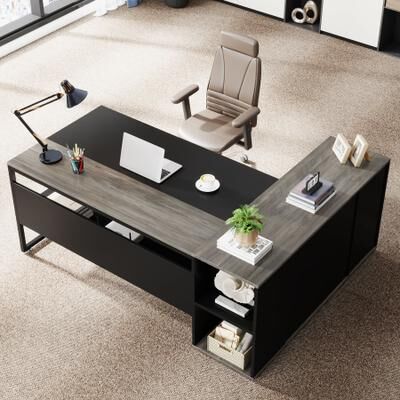 Bluebell 71 inch Executive Desk, L Shaped Desk with Cabinet and Shelves for Home Office