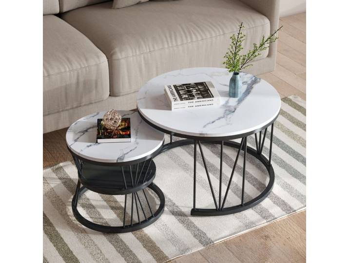Table Basse Ronde - Lot de 2 - Bois Marbre et Pieds Métal - Table basse gigogne - Style Moderne - D 70/45 x H 45/40 cm -Ronde