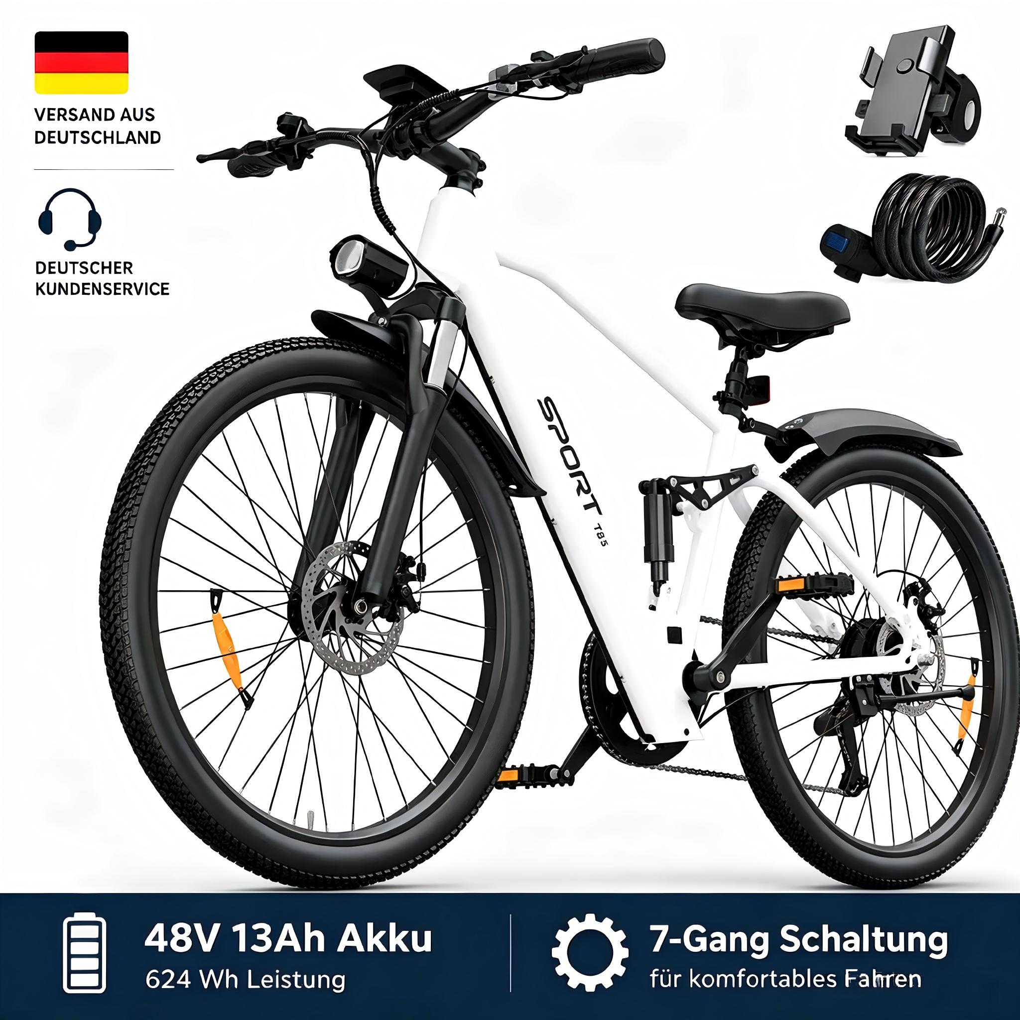PiXELPiLOT T8S E Bike, Trekking E-Bikes Doppelte Federung, 250W Pedelec, 48V 13Ah Akku, Shimano 7-Gang, LED-Licht, LCD Display