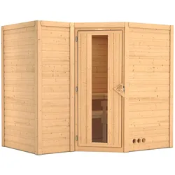 Karibu Sahib 2-Sauna 40mm -Eckeinstieg - Exklusivoptik-Ohne Ofen-ohne Dachkranz- Isolierte Saunatür