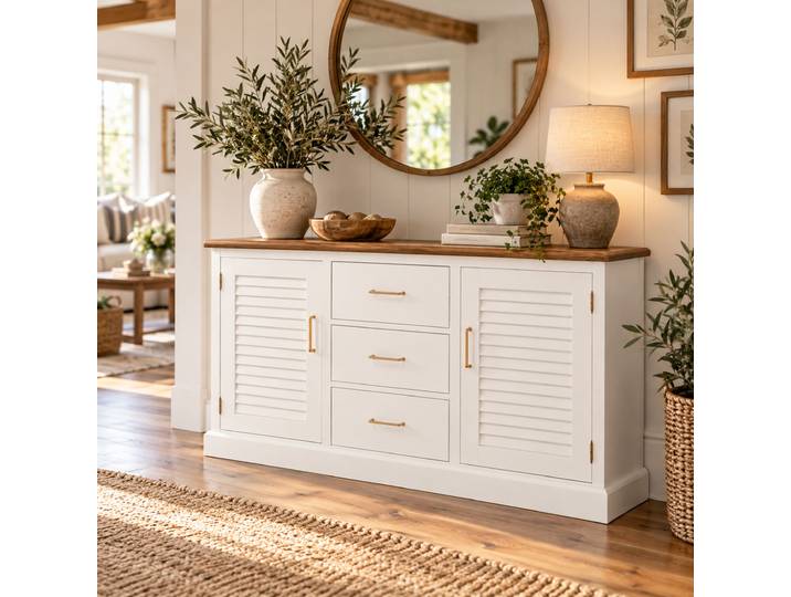 Kommode im Landhausstil mit Lamellentüren - Eichenplatte braun weiß