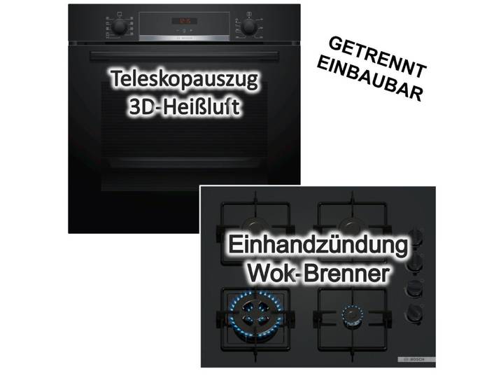 BOSCH Backofen-Set Backofen 3DHeißluft Hydrolyse Teleskopauszug + Gaskochfeld Wokbrenner, mit 1-fach Teilauszug