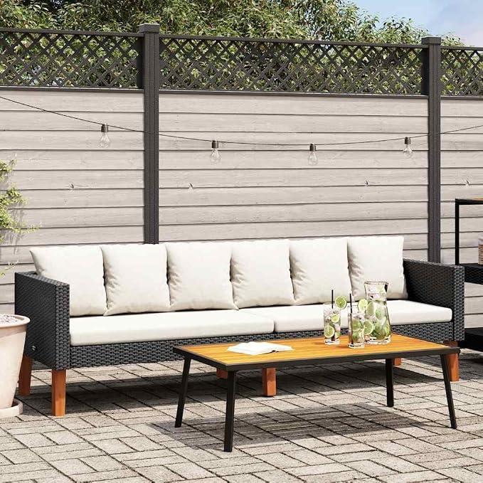 3-Sitzer-Gartensofa, Poly Rattan Schwarz, mit Cremeweißen Kissen, 218x67x60 cm, für Terrasse, Balkon, Garten, Robustes Outdoor-Möbelstück
