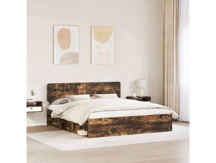 KTHLBRH Bettgestell Eiche Rauchgrau 200 x 200 cm Kiefer massiv Feste Latten, technisches Holz, Kapazität 200 kg, einfache Reinigung, schnelle Montage