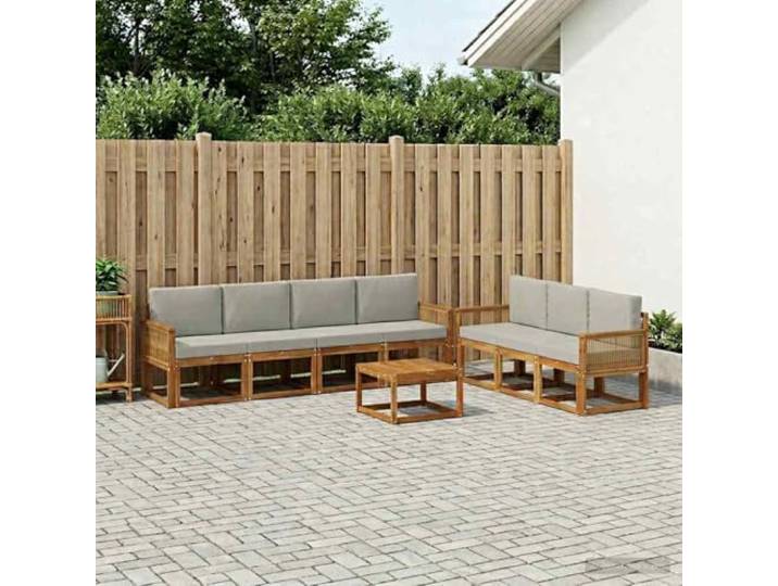 HFMDRMU Gartenmöbel-Set Akazienholz, Outdoor-Sofagarnitur 8-teilig, modulares Sofa Garten in Natürlich und Hellgrau aus Polyester – modernes Design mit klaren Linien für Terrassen