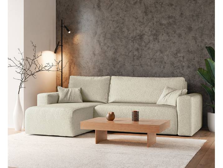 Ecksofa mit Schlaffunktion Weiß/Wollweiß Teddystoff Quila 244 x 83 x 140cm Longchair beidseitig montierbar mit Schlaffunktion Modern