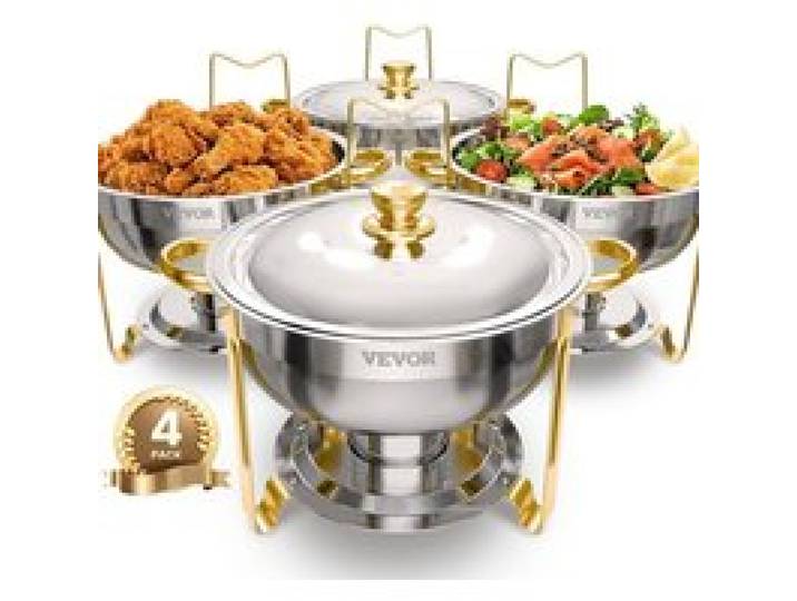 Chauffe plat rond 4 pièces 4 6 L en acier inoxydable avec 4 bacs pleine grandeur couvercle et pince pour buffet banquet or