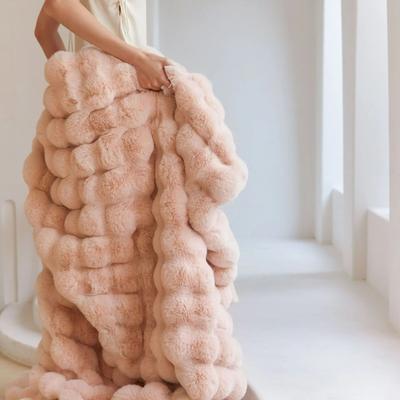Uplift Essentials Super Soft Faux Rabbit Fur Bubble Throw Blanket pink