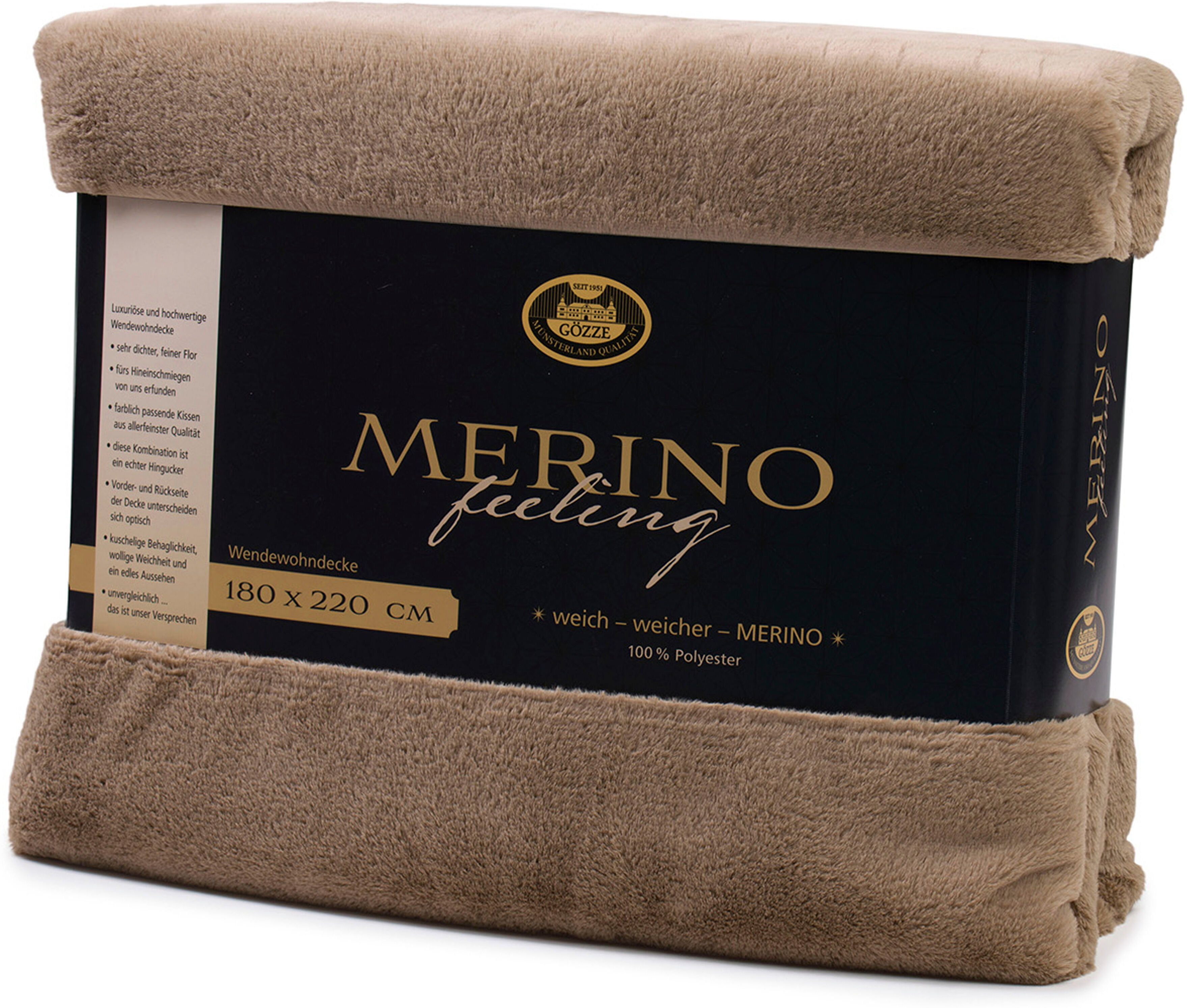 Wohndecke GÖZZE "Merino, kuschelig und weich", grau (taupe), B:180cm L:220cm, Polyester, Wohndecken, Wohndecke, kuschelig weich taupe B/L: 180cm x 220cm