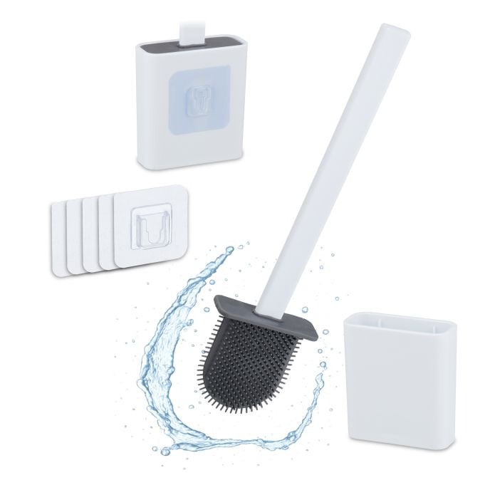 Relaxdays Platte wc-borstel met houder, wit, zelfklevend plastic