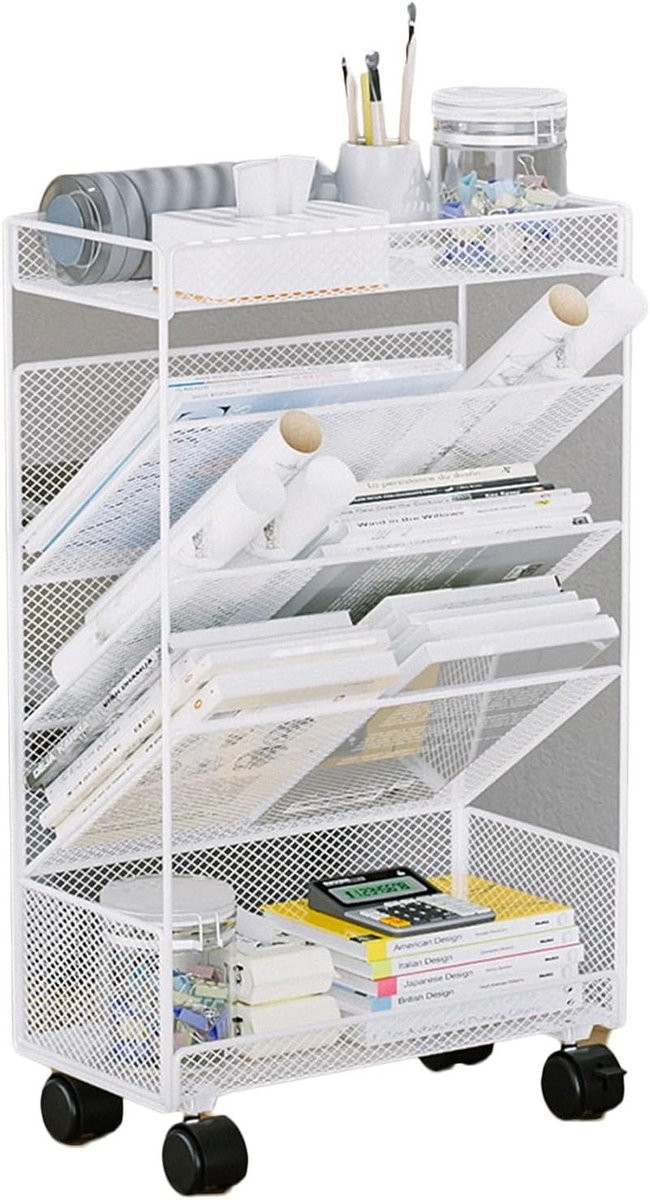 Wit Boekenplank op wielen - Opbergtrolley displayrek met kantelontwerp - B/D/H: 42 x 17 x 65 cm