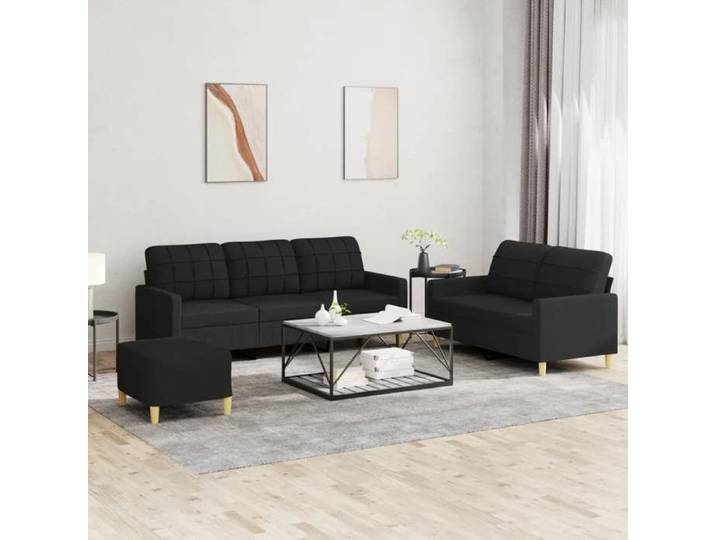 Ensemble canapés 3 pcs coussins noir tissu salon complet teinte sobre design moderne fonctionnel