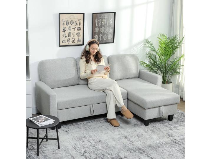 HOMCOM Canapé d'Angle Convertible 3 Places avec Coffre Gris Clair