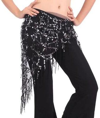 Uplift Essentials Sequin Tassel Belly Dance Hip Scarf Professional Performance Waist Belt High Yield Kinetic Interaction Hub black Silver