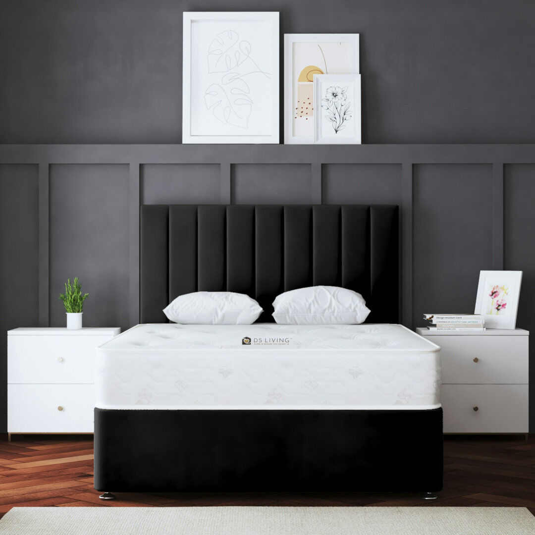 DS Living Upholstered Panel Divan Bed with Headboard Midnight Black Kingsize (5')