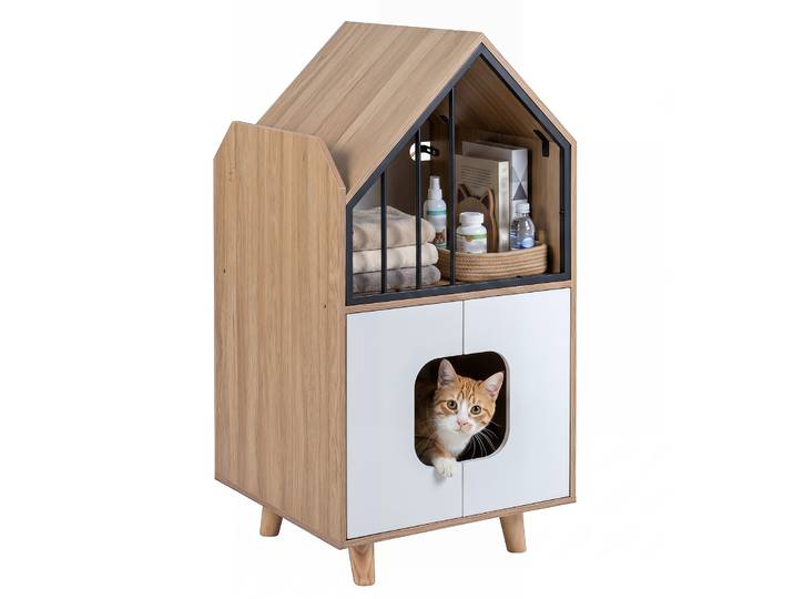 3-in-1 Kattenhuis in Huisvorm Moderne Kattenkast Naturel en Wit