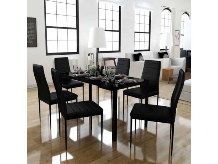 Xolmizyn 7-TLG. Essgruppe, Tisch mit Glasplatte, 6 Kunstleder-Stühle Modernes Design, Pflegeleichte Materialien, Komfortable Polsterung