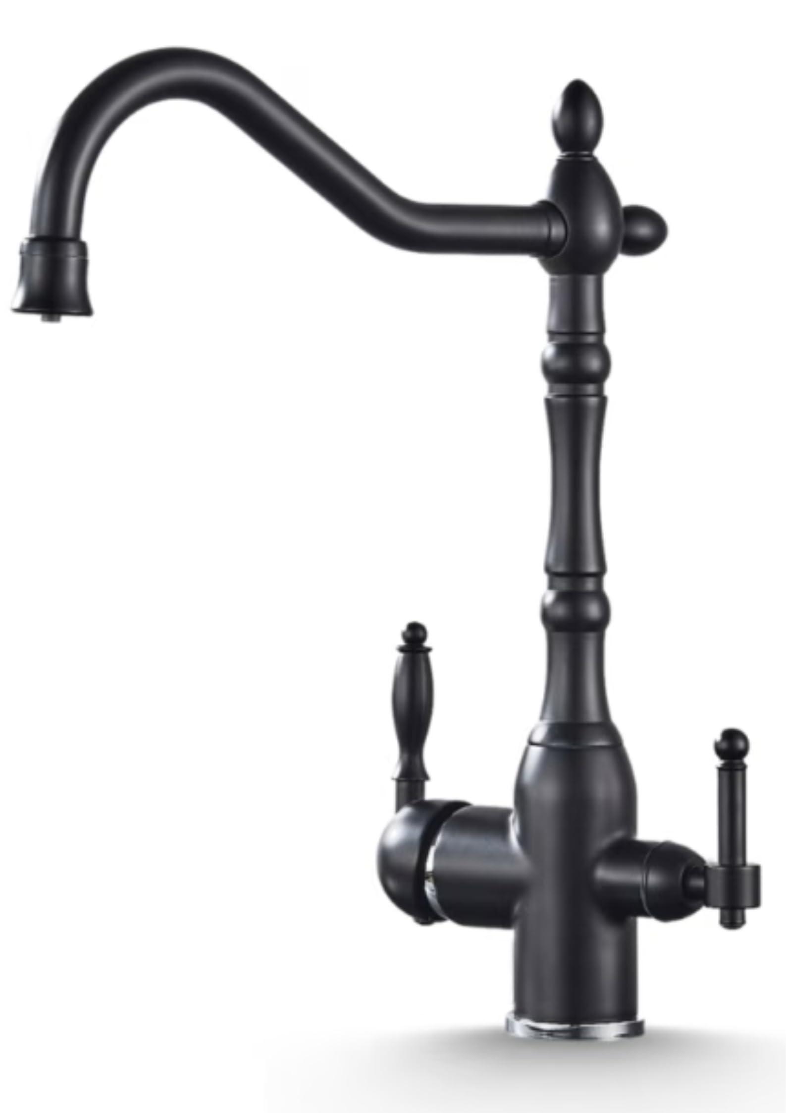 Küchendurchflussventil, 3-Wege, matt schwarz - Wasserfilter, 2 Liter/Minute - Messing, Edelstahl