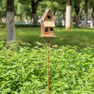 "Glitzhome 53""H Farmhouse Distressed Metal Standing Churchlike Birdhouse Garden Stake"