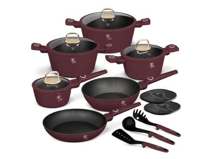 Berlinger Haus Leonardo Collection Topfset 15-teilig – Matt Bordeaux – Induktion – TitanPro Antihaftbeschichtung – Geschmiedetes Aluminium – PFOA-frei – Mit Küchenhelfern & Silikonuntersetzern