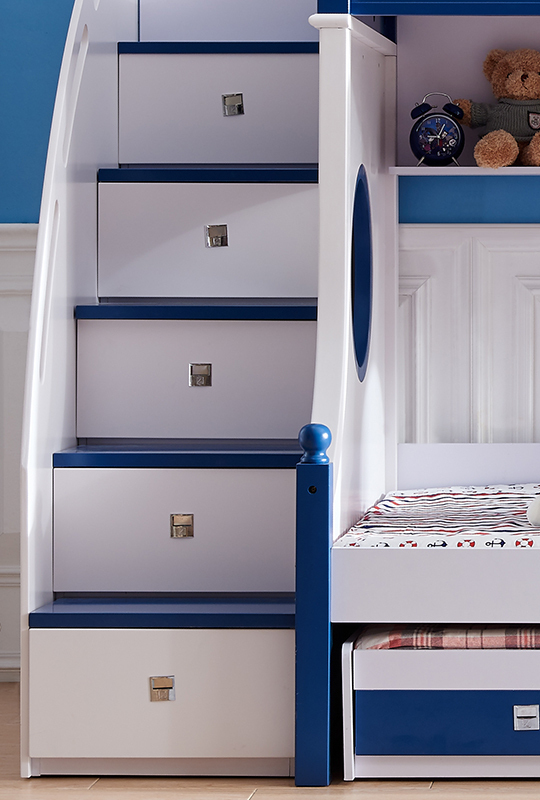 Kinder Etagenbett | Hochbett | Kinderbett | Funktionsbett | Mit Treppe | Mit Regal | Mit Schubfächer | 3 Schlafplätze | Blau/Weiß