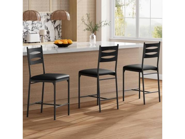 IDEALHOUSE Barhocker Set mit Rückenlehne & Fußstütze – Gepolsterter Thekenhocker in Holzoptik Schwarz mit stabilem Metallrahmen, für Kücheninsel/Essbereich, Black Wood Grain, 2-Pack