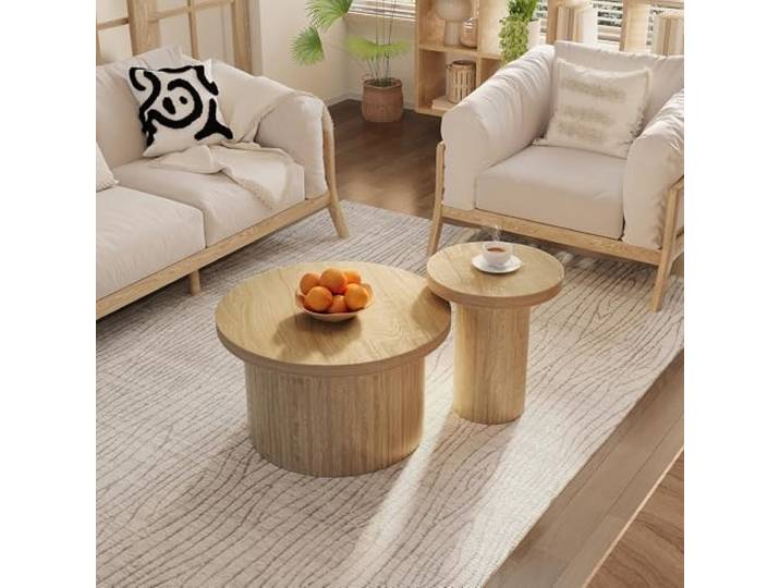 BTM Couchtisch, doppelter runder Tisch, Beistelltisch mit Naturholzlatten. Multifunktionaler Wohnzimmertisch, 66 cm (Durchmesser) x 40 cm (Höhe) + 40 cm (Durchmesser) x 46 cm (Höhe)