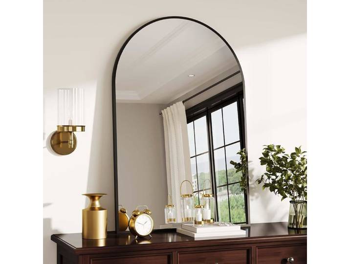 Miroir de salle de bain mural cintré 66x96.5 cm Noir cadre en aluminium résistant à la rouille pour coiffeuse ou entrée