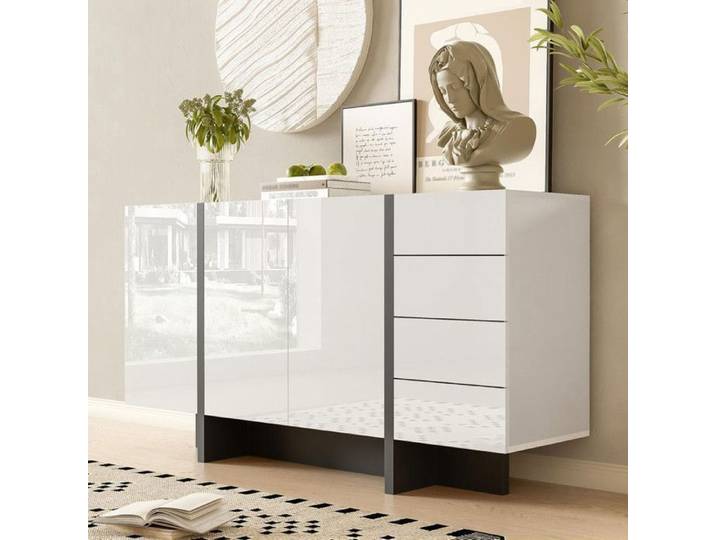 Buffet de salon Style moderne Bahut avec 3 portes et 4 tiroirs Meuble bas de Rangement Buffet 150x40x80 cm Blanc+Noir
