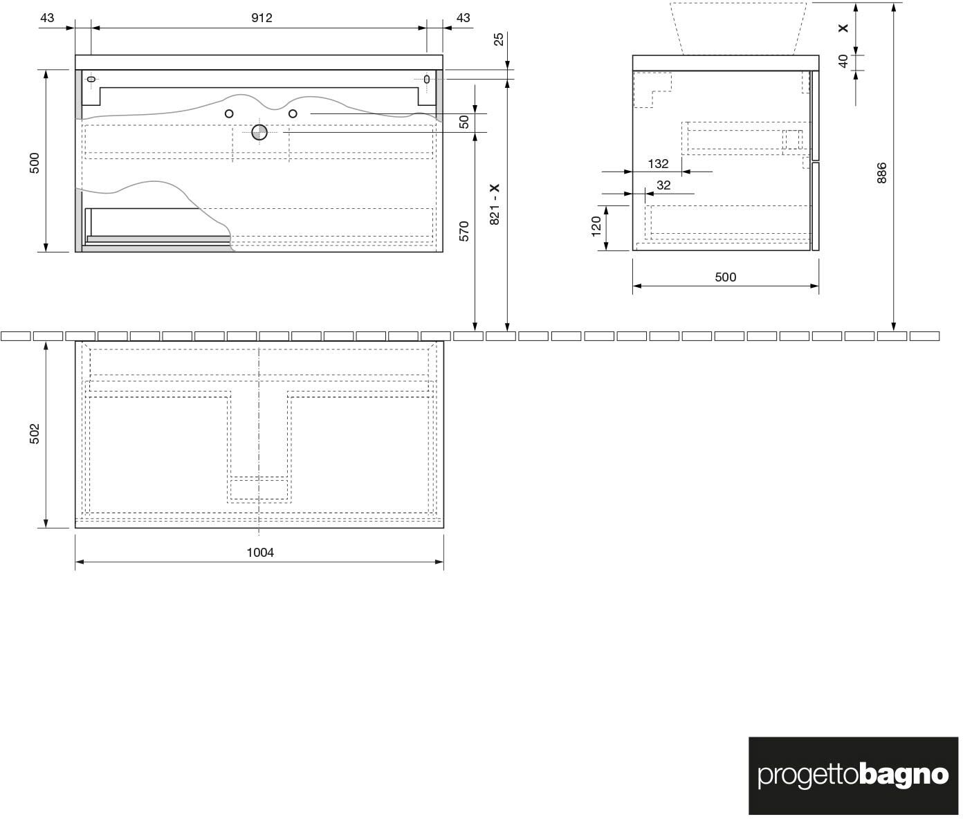 progettobagno Elba Terra Waschtischkonsole 100 cm mit Platte in Holzdekor, Badmöbel, MBLO100BI4TROV,