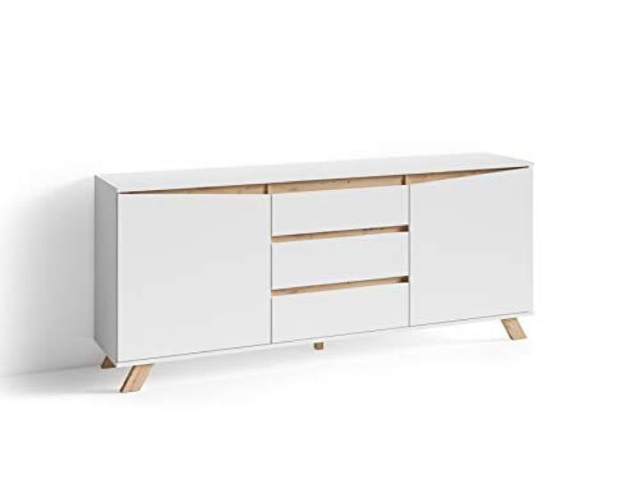 byLIVING Sideboard Valentin, Schrank mit 2 Türen und 3 Schubkästen Kommode matt weiß mit Absetzung in Eiche-Optik, Im Scandi-Style, Grifflos, B 180, H 80, T 38 cm
