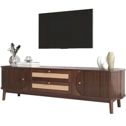 OKWISH TV-Schrank 170x39,5x46 cm Rattan Lowboard mit Massivholztüren und Schubladen Wohnzimmer Sideboard Modern Natur Holz Hellgelb