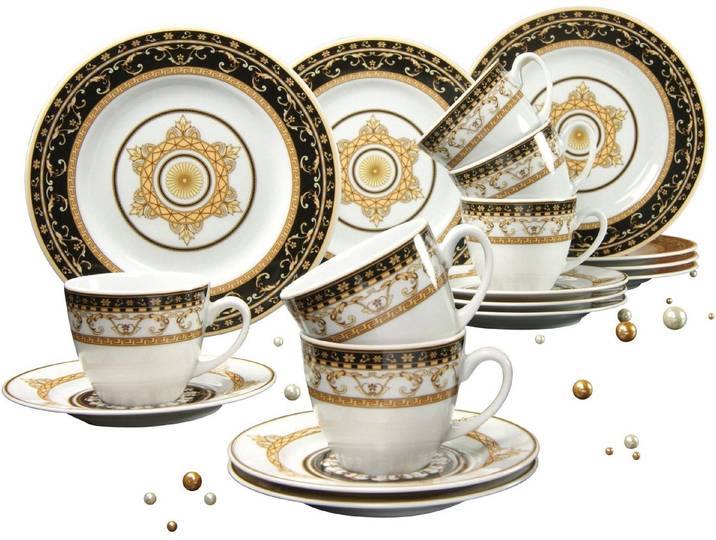 creaTable Kaffeeservice Geschirr-Set Majestosa (18-tlg), 6 Personen, Porzellan, Service, Dekor schwarz abgesetzt, 18 Teile, für 6 Personen